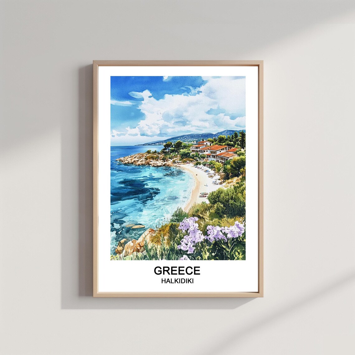 Halkidiki Greece Watercolor Coastal Beach Bay Scenic Travel Poster