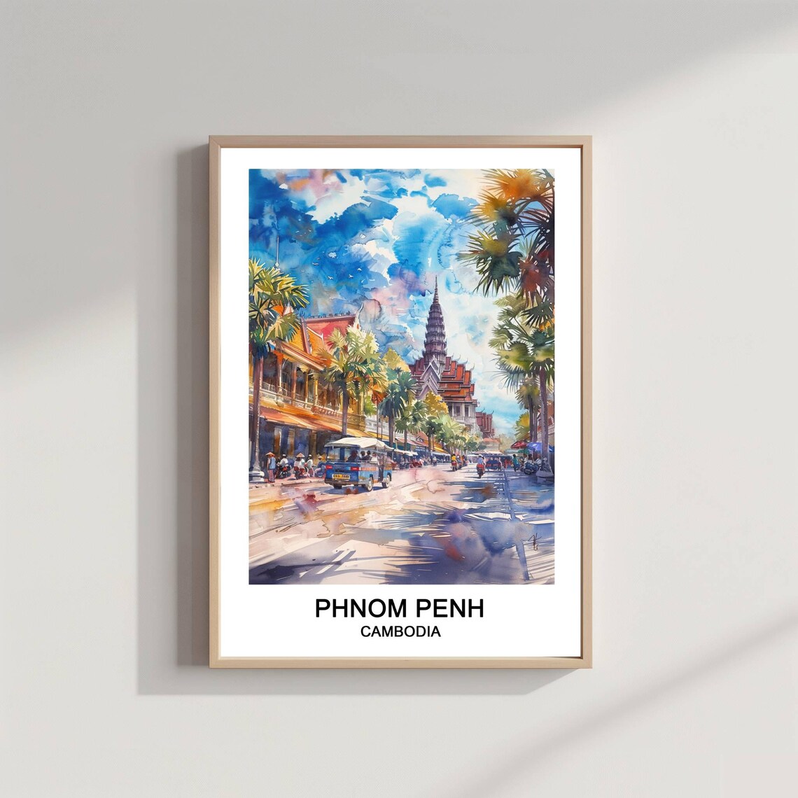 Phnom Penh Cambodia Royal Palace Street Watercolor Travel Poster