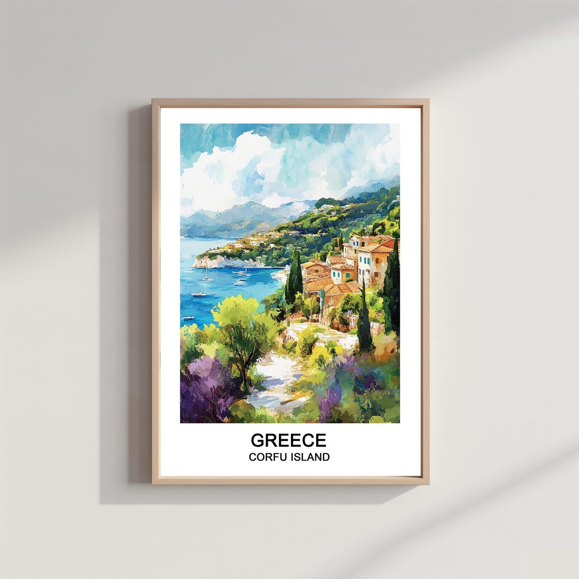 Corfu Island Greece Coastal Village Hillside Bay Travel Poster