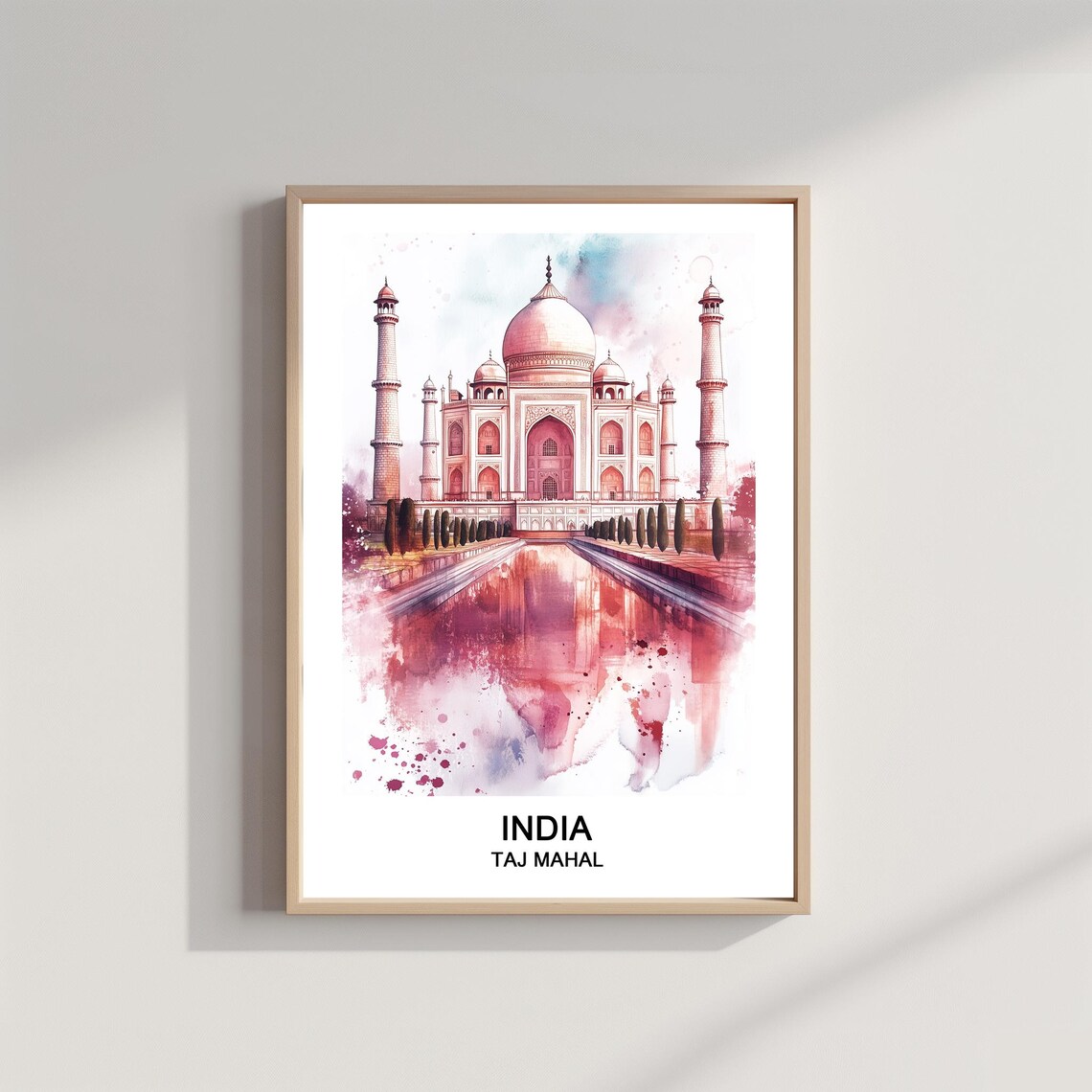 Taj Mahal India Watercolor Pink Palace Reflection Travel Poster