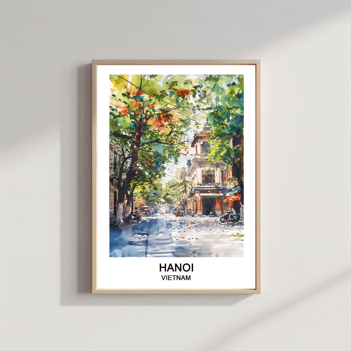 Hanoi Vietnam Tree-Lined Old Street Watercolor Travel Poster