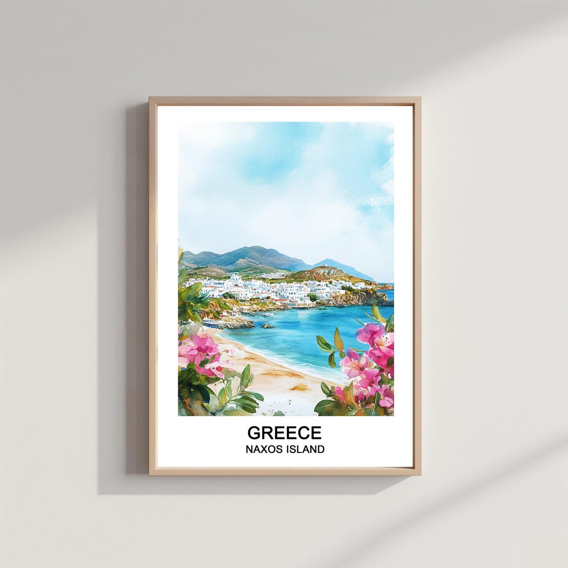 Naxos Island Greece Watercolor Beach Whitewashed Village Poster