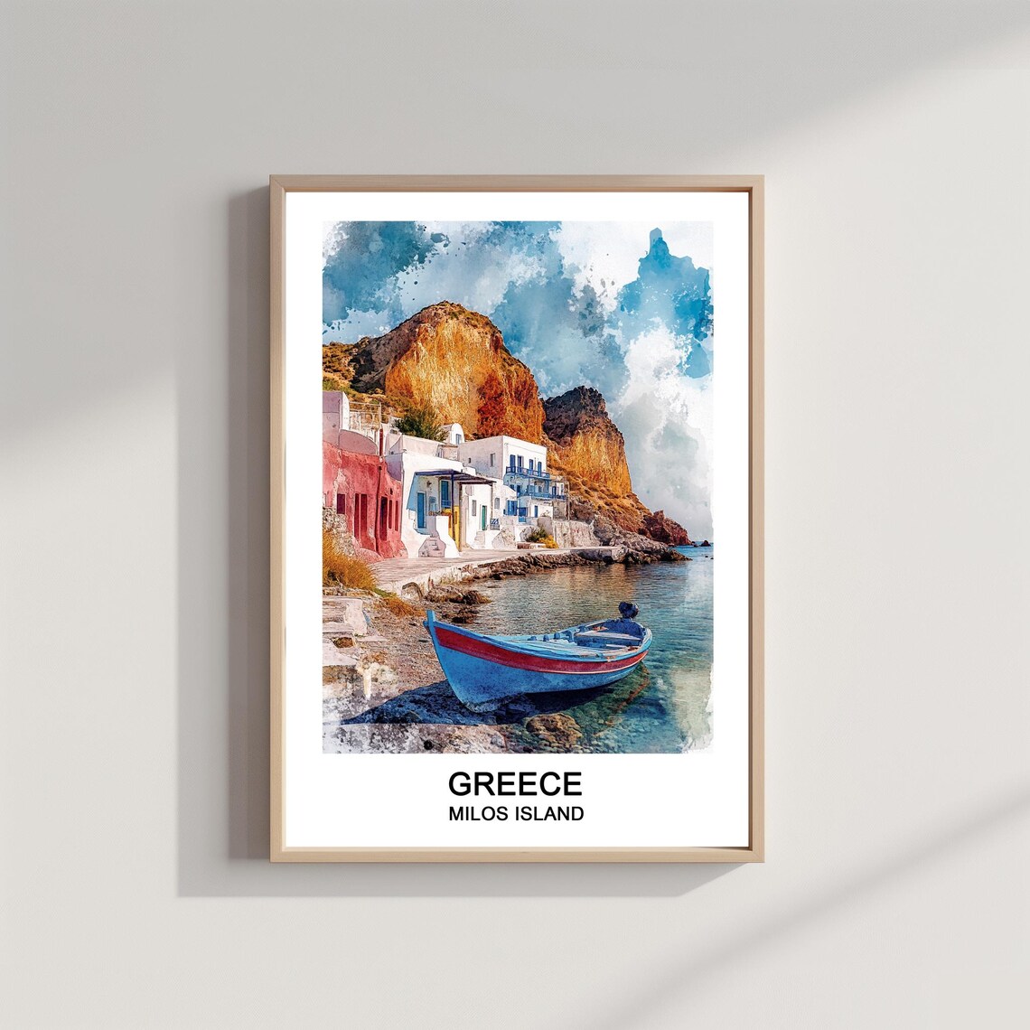 Milos Island Greece Watercolor Blue Boat Harbor Village Poster