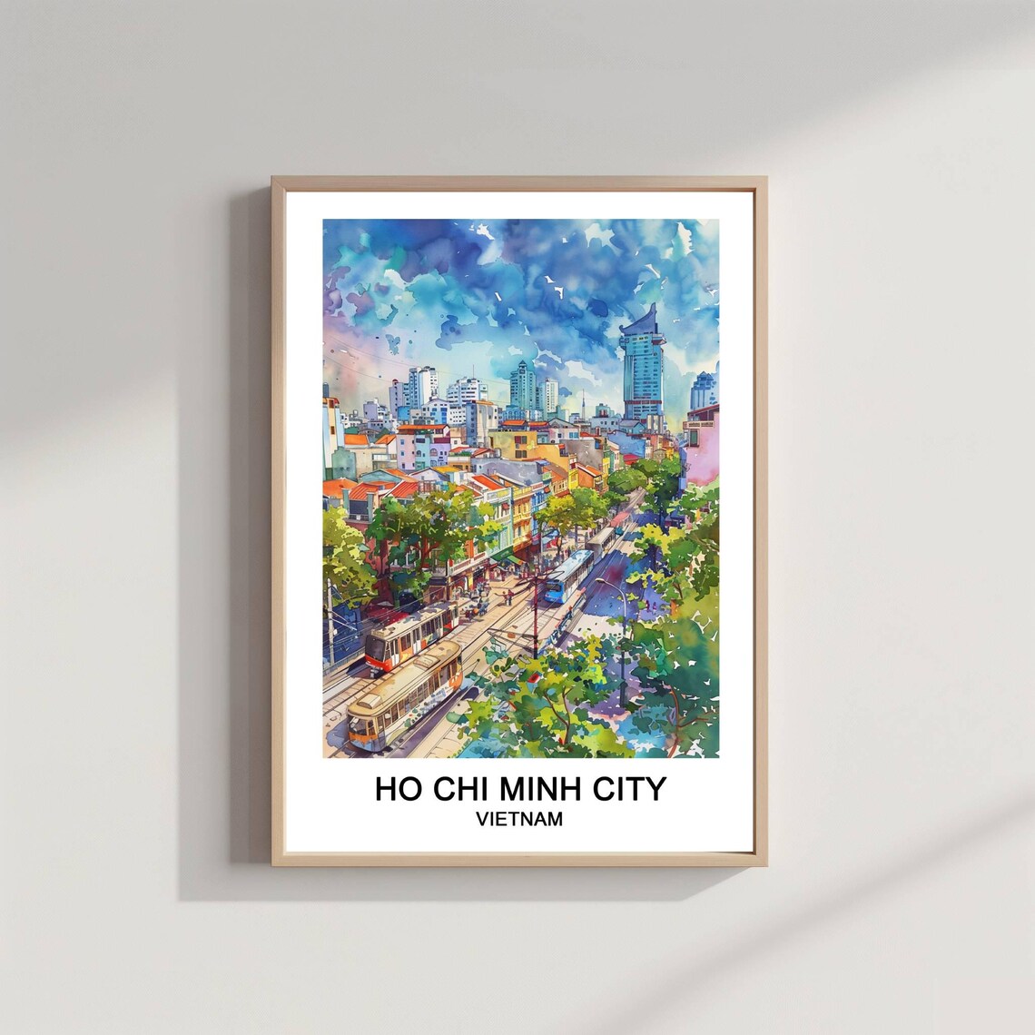 Ho Chi Minh City Vietnam Skyline Tram Watercolor Travel Poster