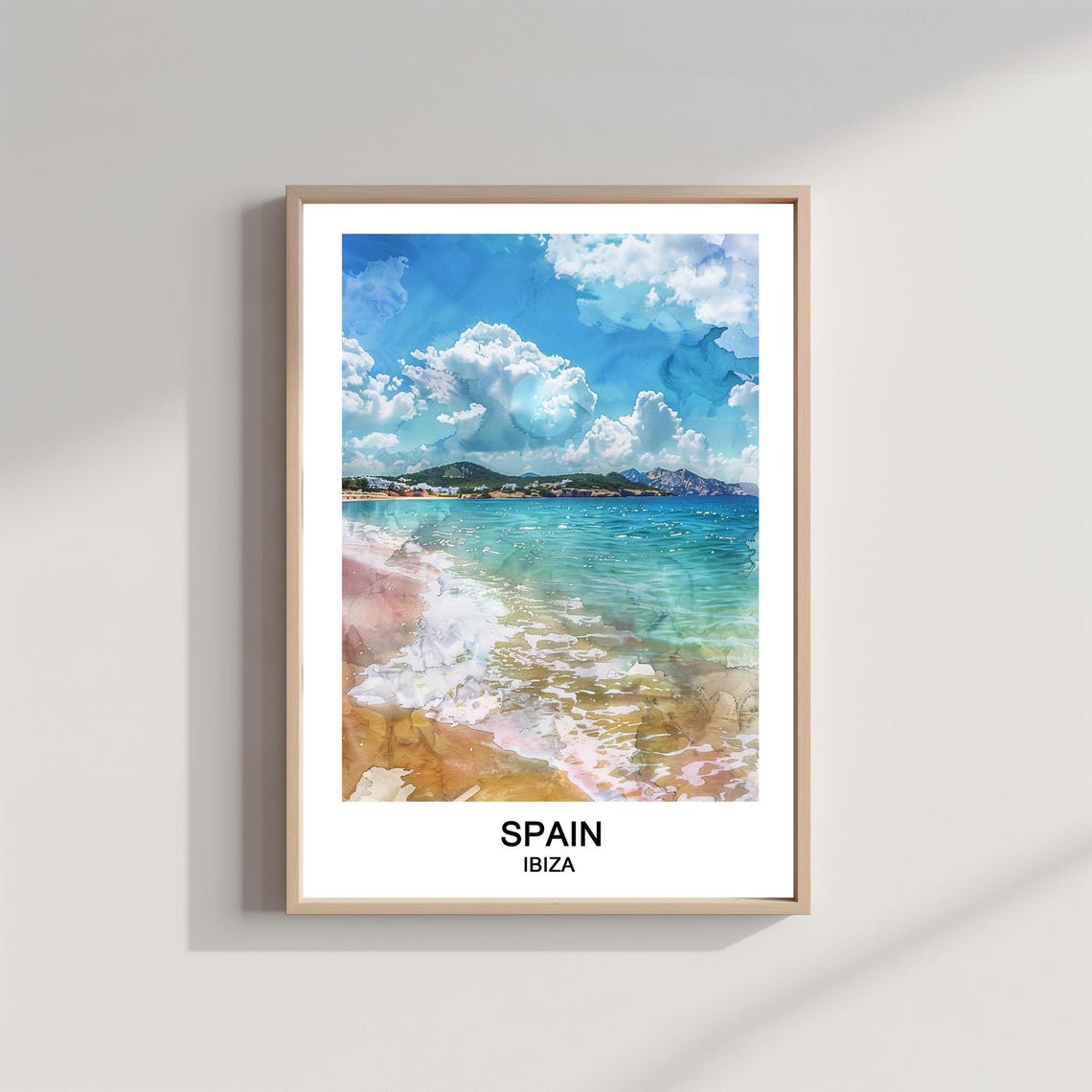 Ibiza Spain Beach Watercolor Turquoise Ocean Waves Travel Poster