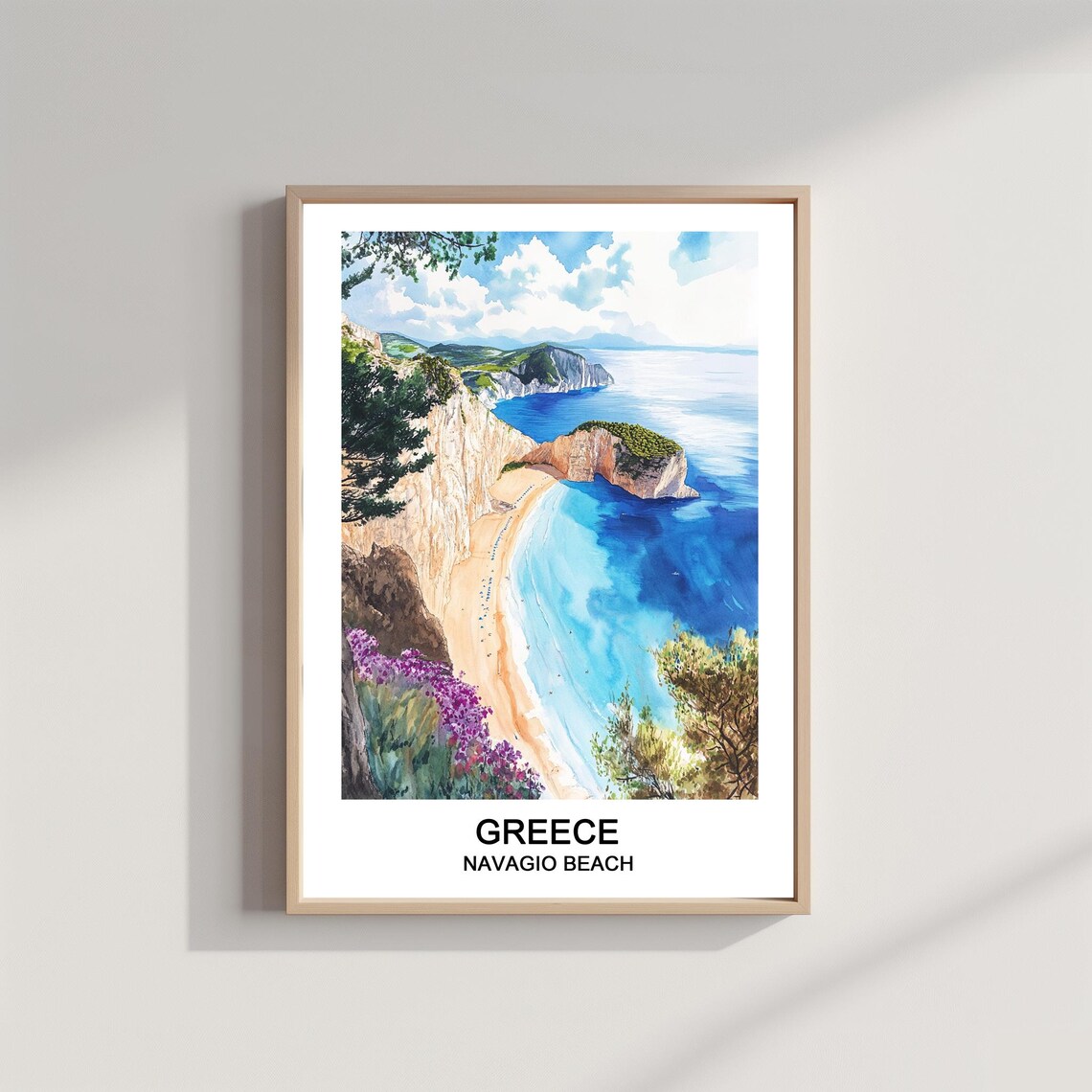 Navagio Beach Greece Watercolor Shipwreck Cove Scenic Travel Poster