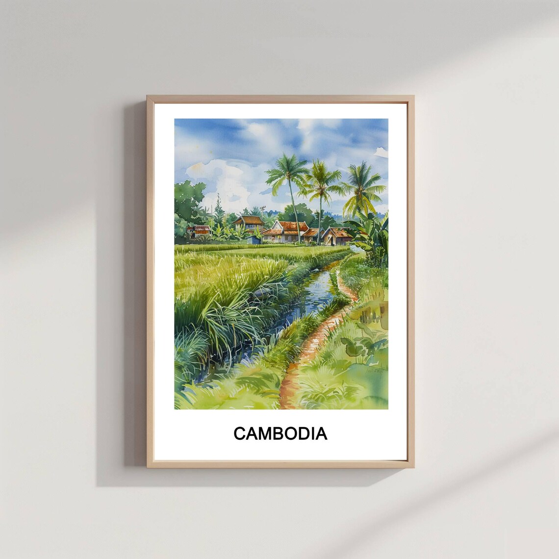 Cambodia Rice Paddy Village Watercolor Tropical Asia Travel Poster