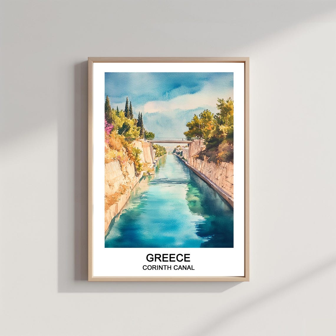Corinth Canal Greece Turquoise Water Cliffs Watercolor Travel Poster