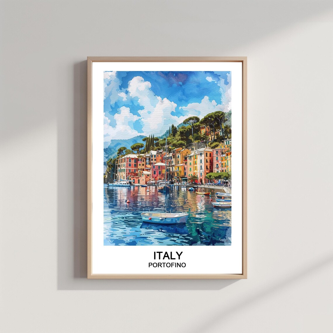 Portofino Italy Harbor Colorful Waterfront Watercolor Travel Poster