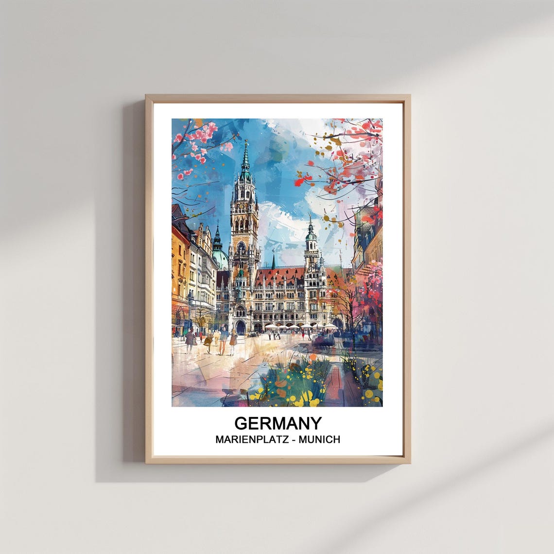 Germany Marienplatz Munich Watercolor Historic Square Travel Poster