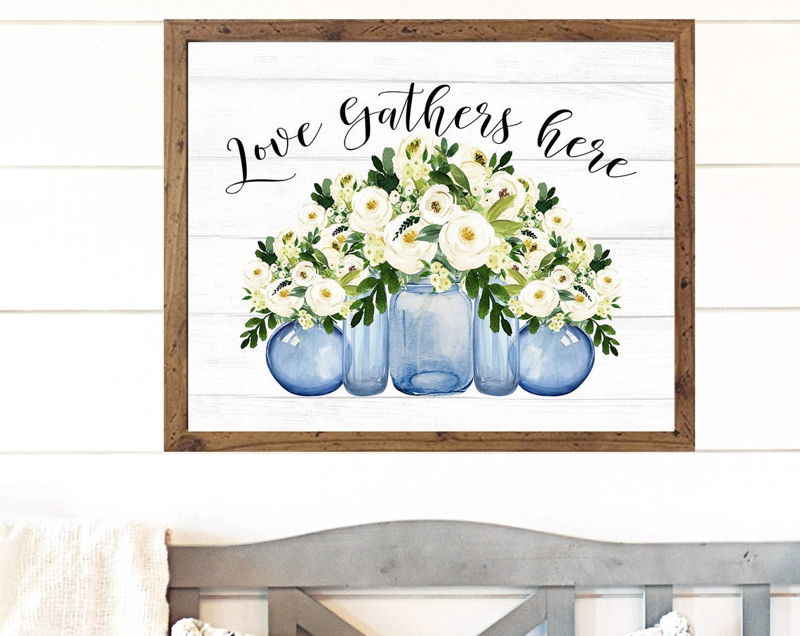Love Gathers Here Quote with Navy Blue Vases White Bouquet Poster