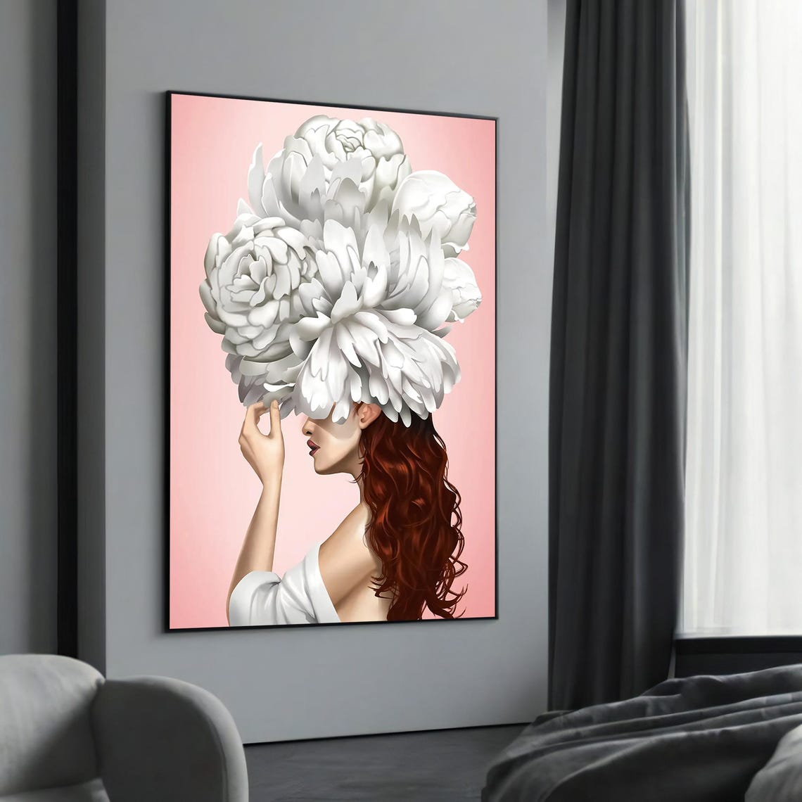 Red Hair White Peony Flower Headdress Pink Art Portrait Poster