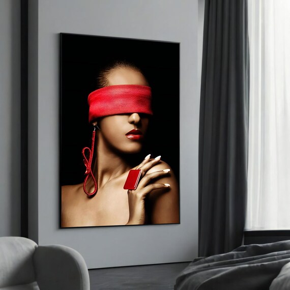 Blindfolded Woman Red Accents Mysterious Fashion Portrait Poster