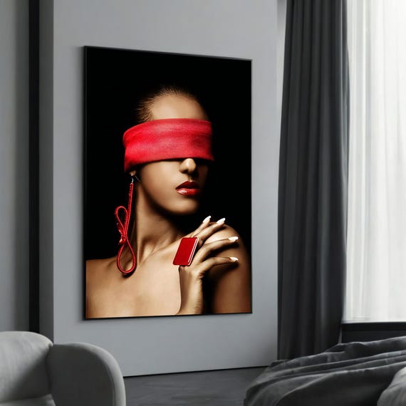 Blindfolded Woman With Red Accents Mysterious And Stylish Portrait Bold Wall Decor Unique Modern Art Canvas Painting