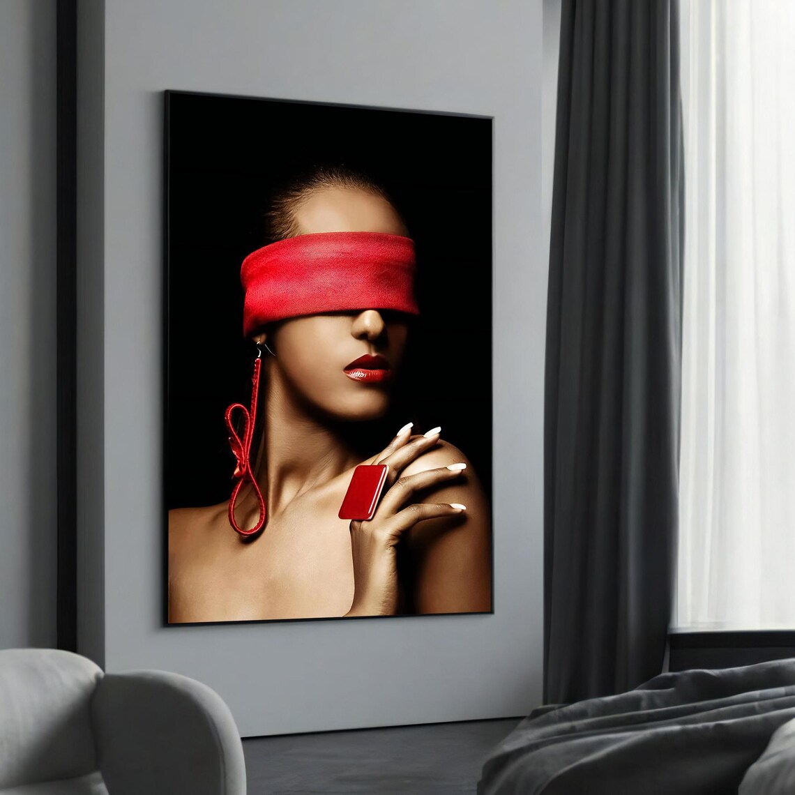 Blindfolded Woman Red Accents Mysterious Fashion Portrait Poster