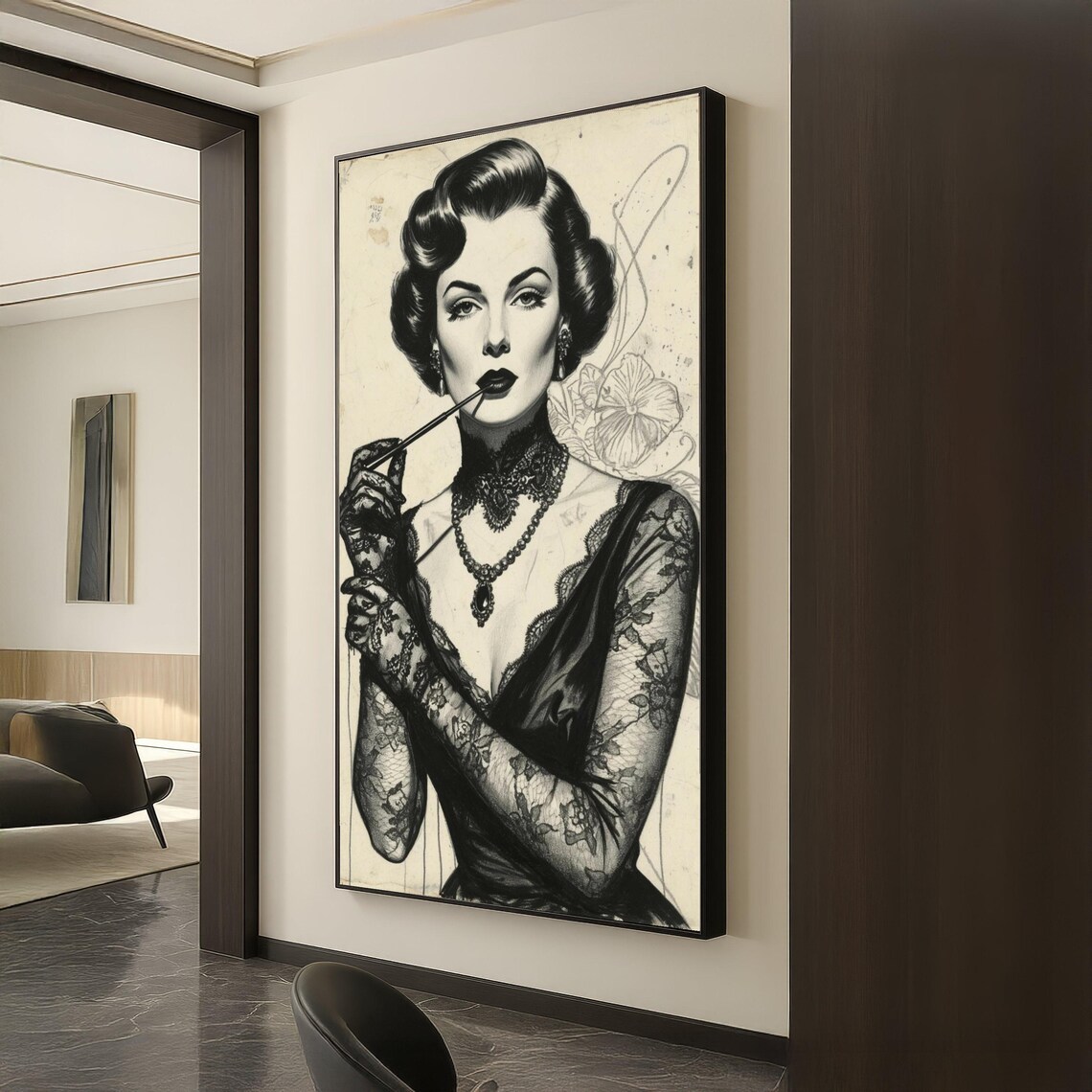 Vintage Glamour Woman Lace Gloves Portrait Retro Fashion Art Poster