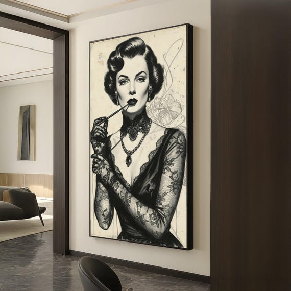 Vintage Glamour Woman Portrait Canvas Elegant Lace Gloves Art Retro Fashion Wall Decor Black And White Print Classic Beauty