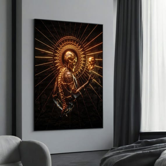 Golden Radiant Skeleton Canvas Painting Gift Majestic Modern Art For Bold Statement Decor