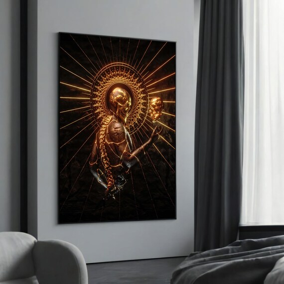 Radiant Golden Skeleton with Glowing Halo and Skull Dark Art Poster