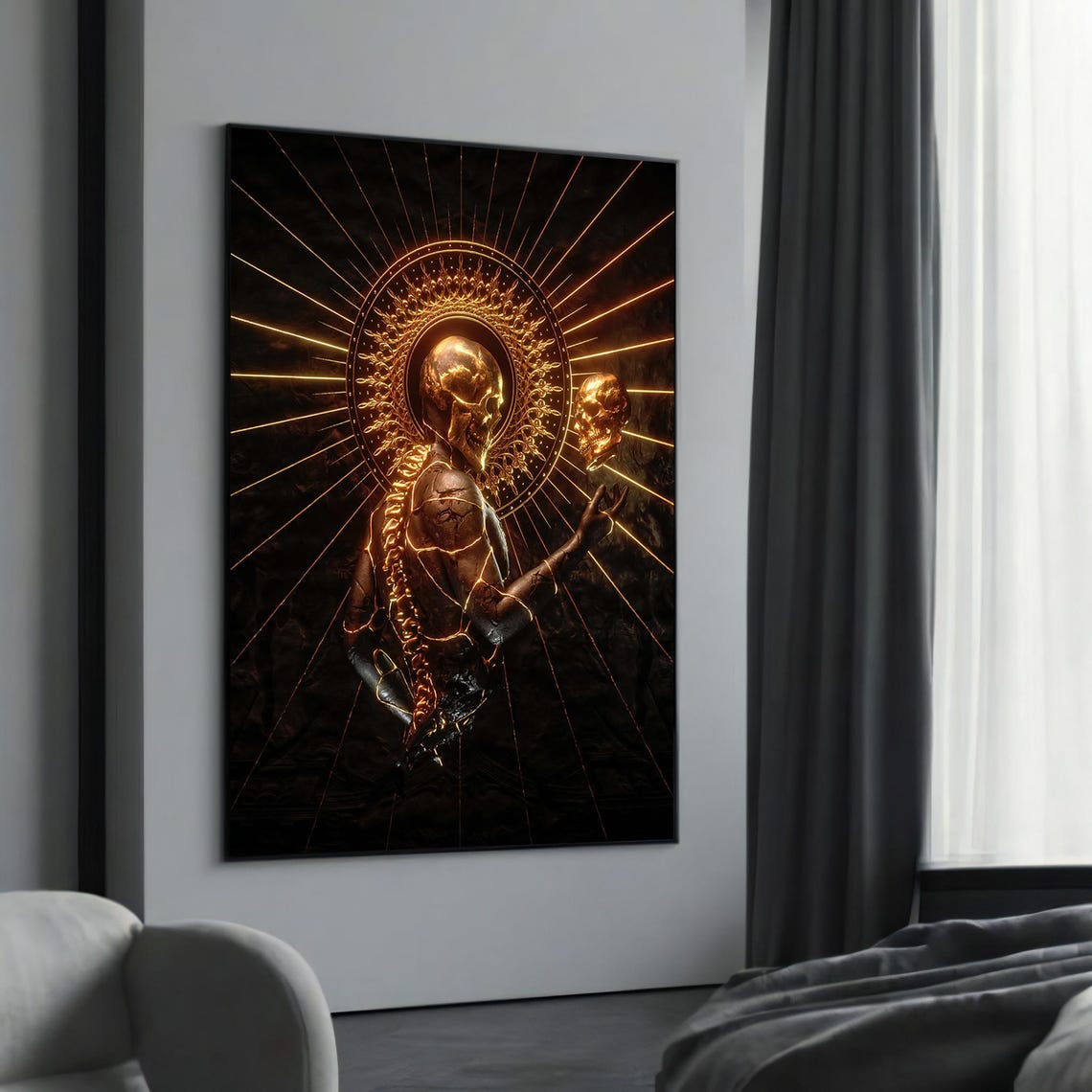 Radiant Golden Skeleton with Glowing Halo and Skull Dark Art Poster