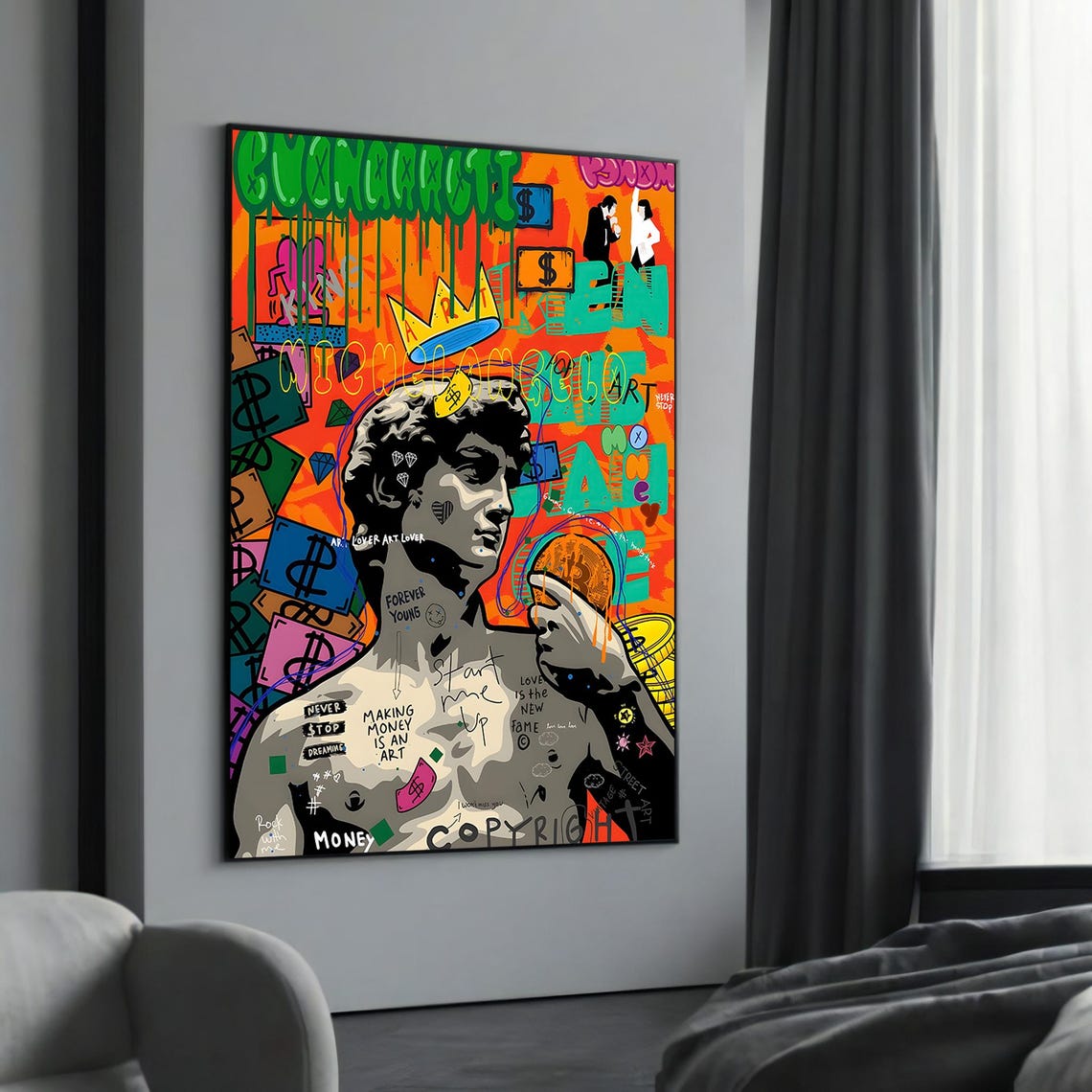 Michelangelo David Bust Colorful Money Graffiti Street Art Poster