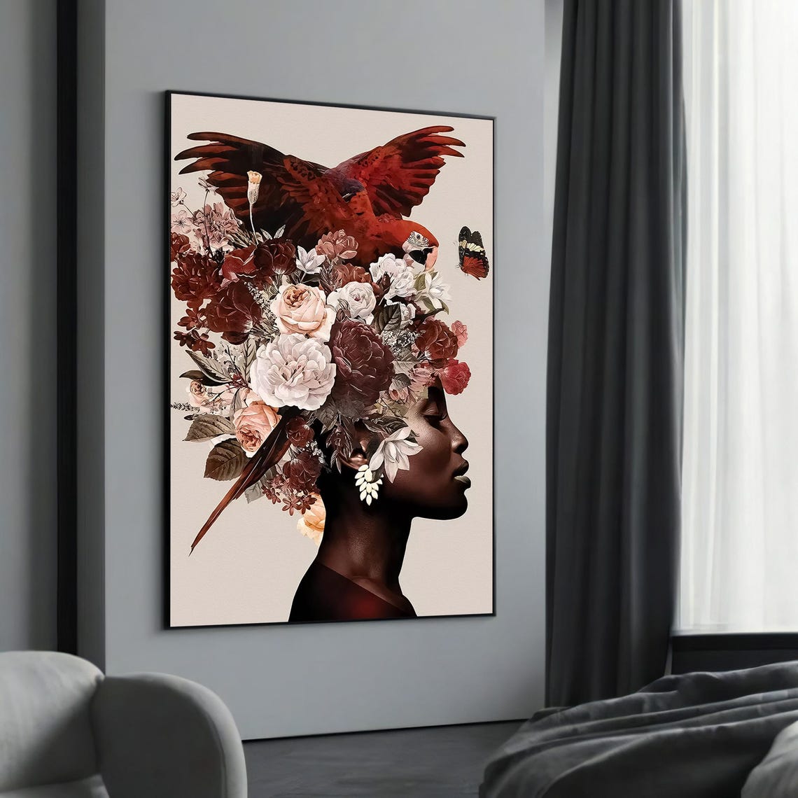 African Woman Profile With Floral Crown And Red Parrot Poster
