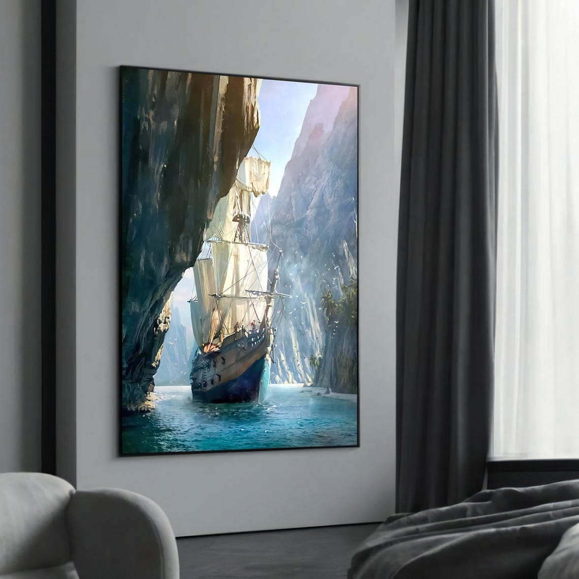 Tall Ship Sailing Through Rocky Cliffs Canyon Ocean Art Poster