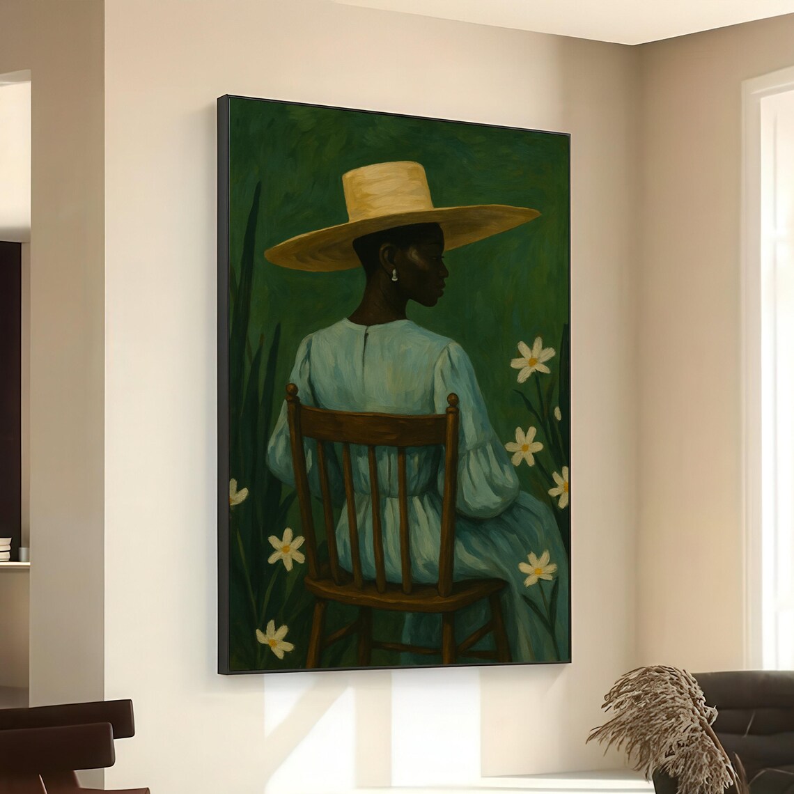 Woman In Wide Brim Hat Blue Dress Vintage Floral Garden Art Poster