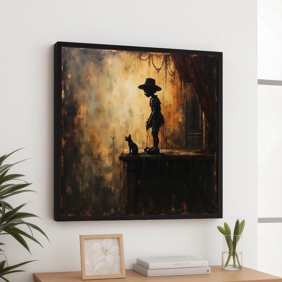 Vintage Puppet Boy And Dog Canvas Moody Wall Art Silhouette Painting Dramatic Shadow Scene Home Decor For Living Room