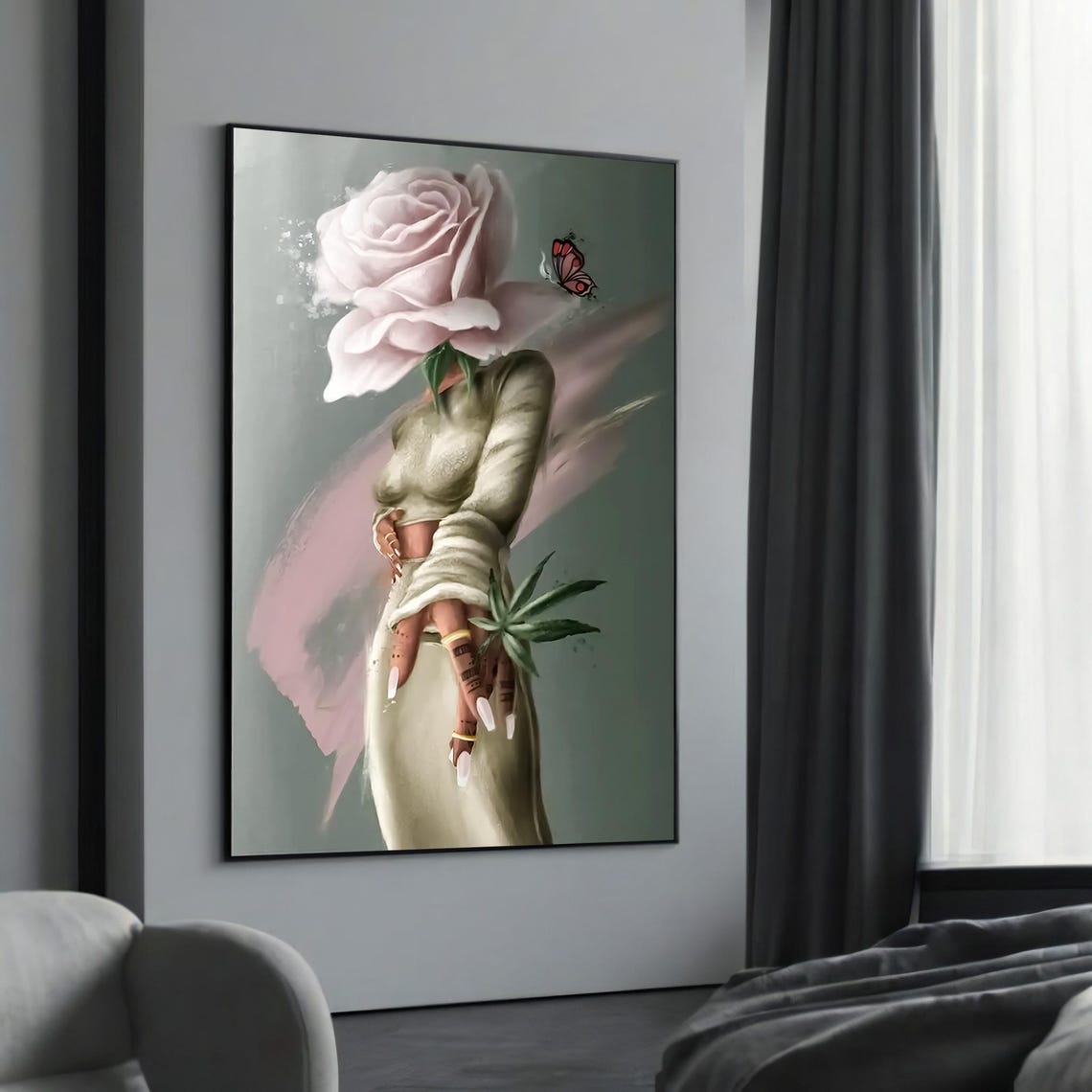 Modern Woman with Rose Head Surreal Canvas Poster with Butterfly Art