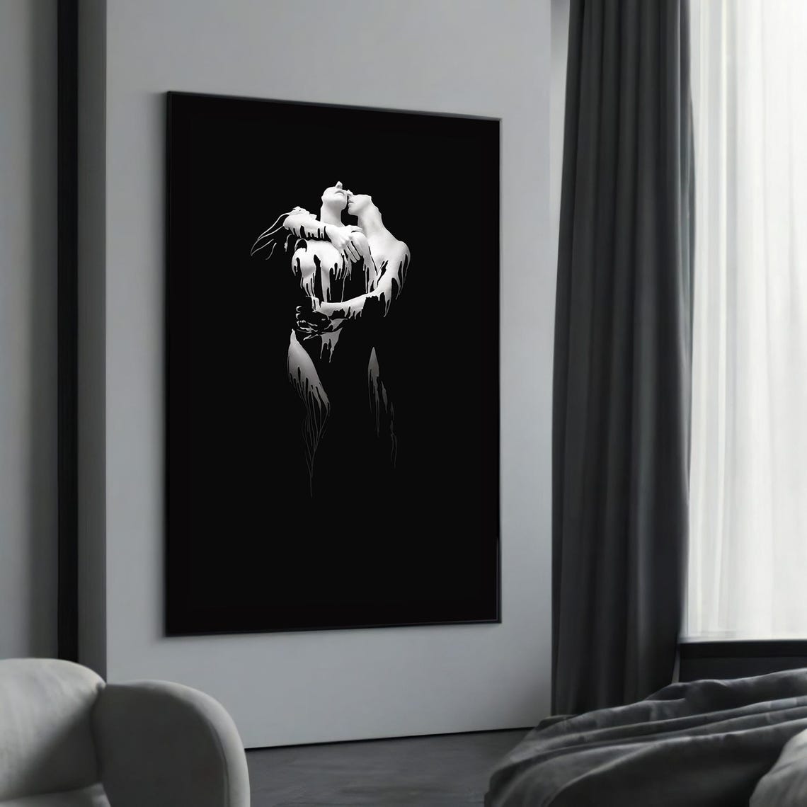 Black And White Lovers Embrace Dripping Paint Romantic Art Poster