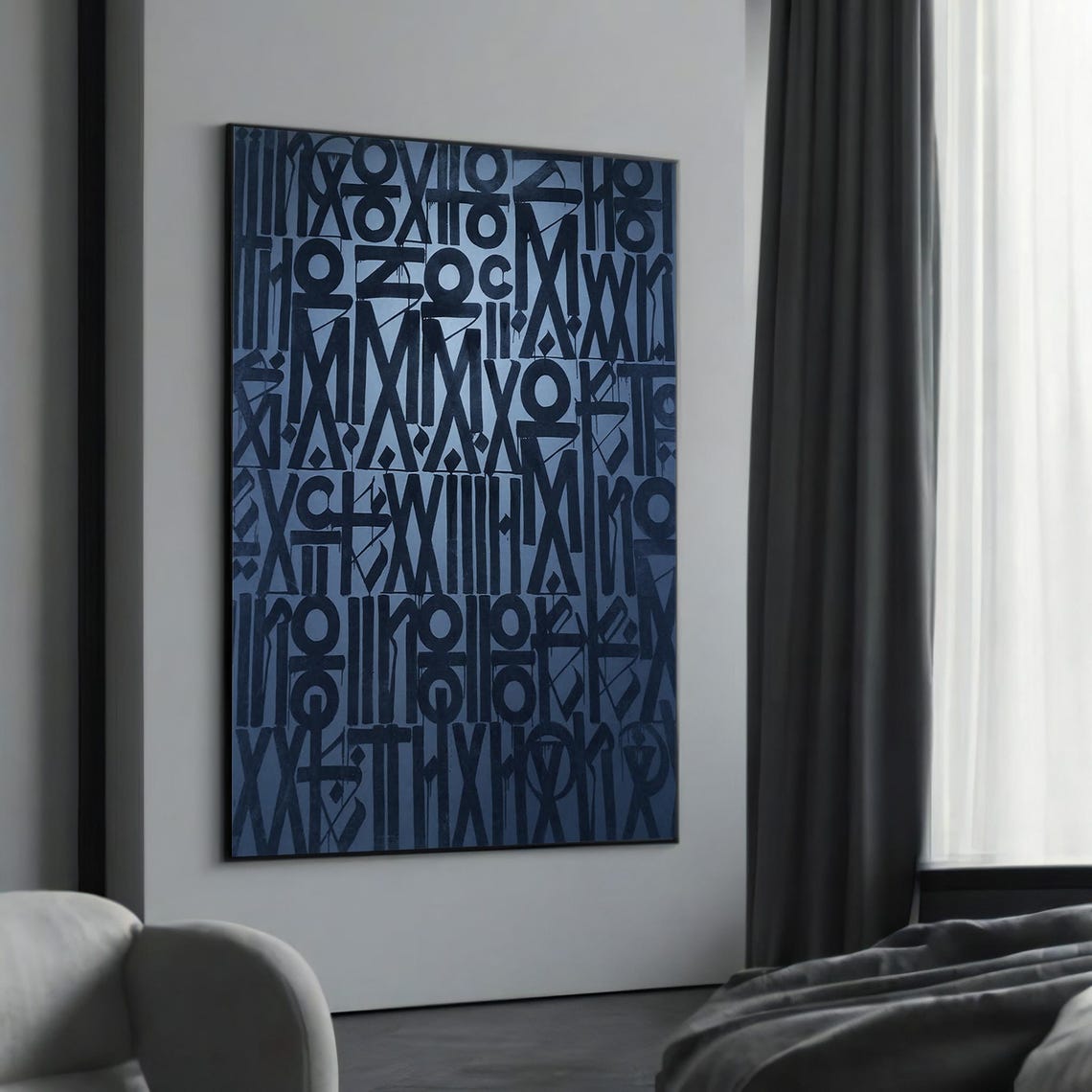 Monochrome Blue Abstract Calligraphy Graffiti Script Art Poster