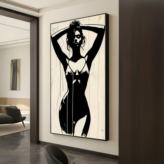 Minimalist Woman Silhouette Arms Raised Black Ink Figure Art Poster