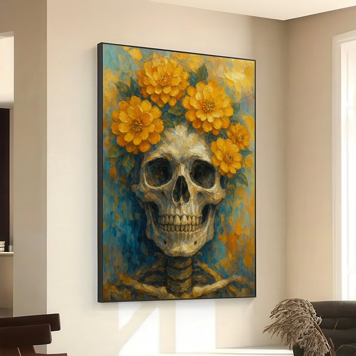 Skull Crowned with Golden Yellow Flowers Teal Background Gothic Floral Poster