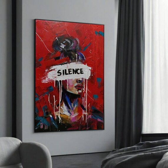 Silence Text Red Expressionist Woman Portrait Bold Abstract Wall Art