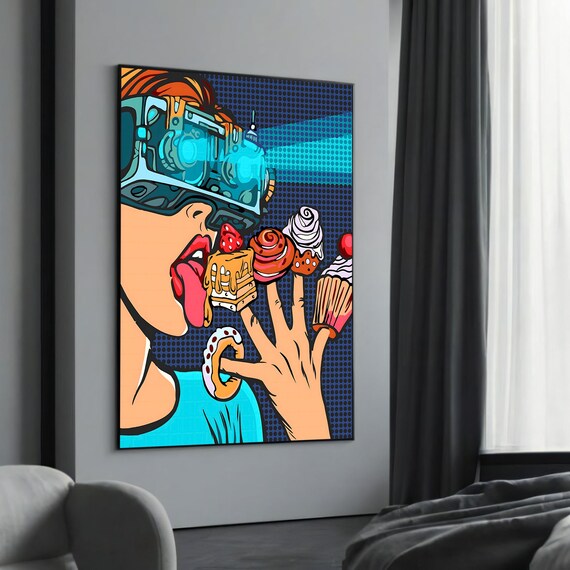 Pop Art Woman With VR Headset Sweets Halftone Dot Art Poster