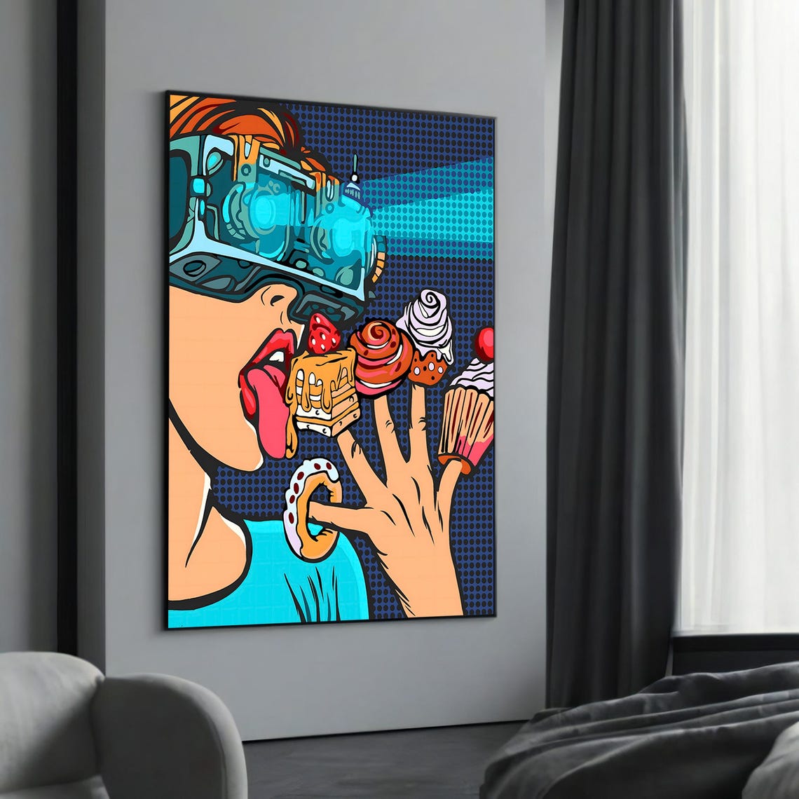 Pop Art Woman With VR Headset Sweets Halftone Dot Art Poster