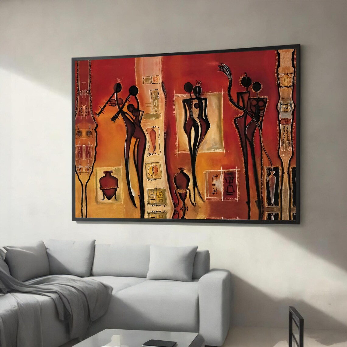 Abstract African Tribal Figures in Warm Red and Gold Cultural Poster