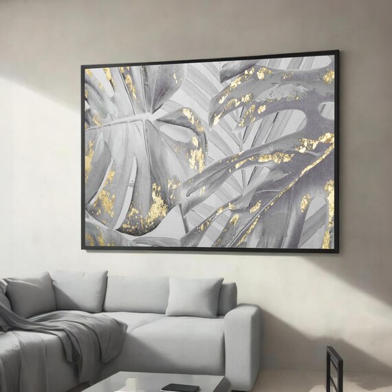 Abstract Monstera Leaf Canvas Painting With Gold Accents Modern Botanical Art For Contemporary Home Decoration