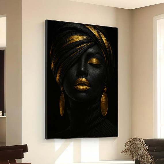 Black and Gold African Woman Portrait Gold Lips Elegant Regal Beauty Poster