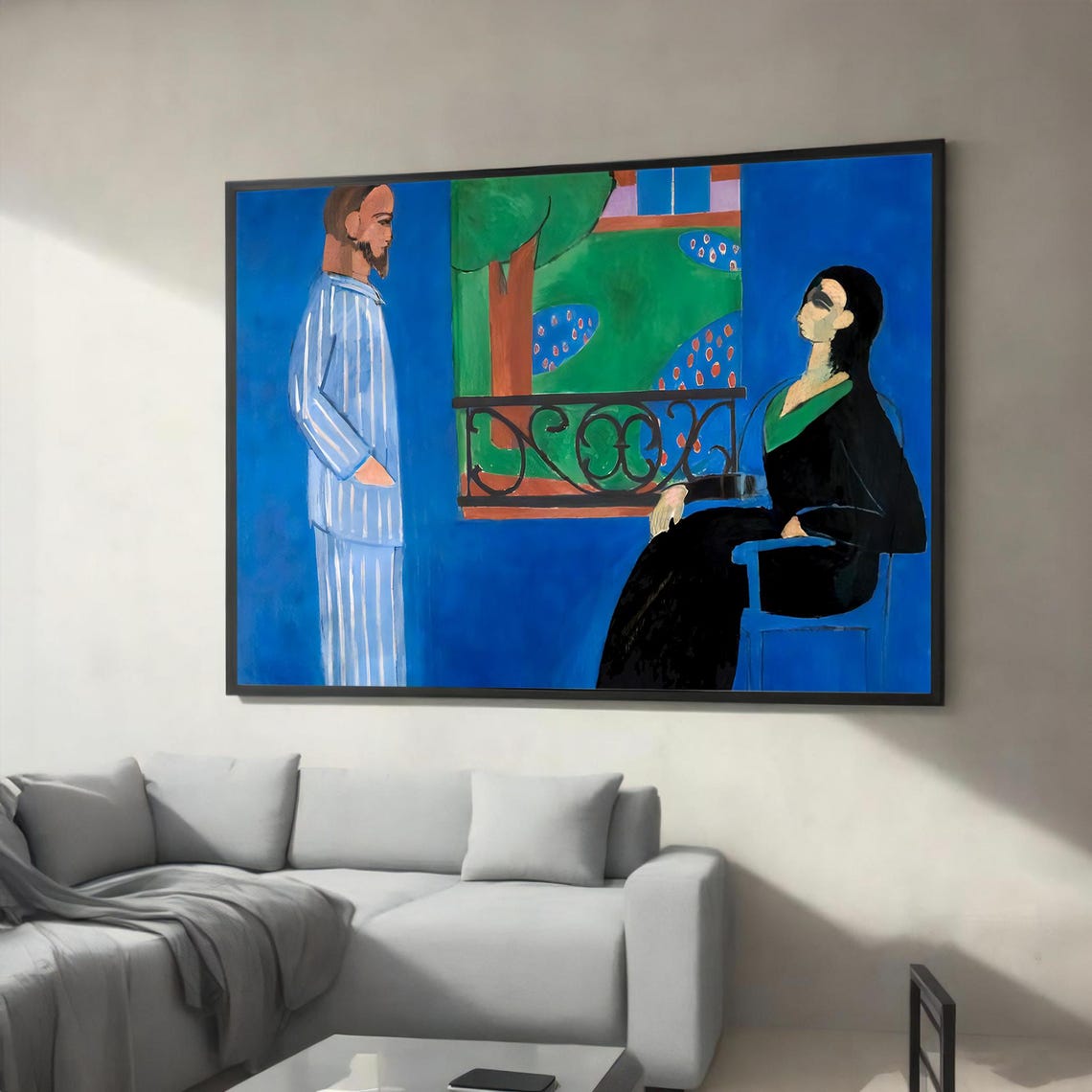 Matisse Inspired Balcony Conversation Couple Bold Blue Canvas Poster