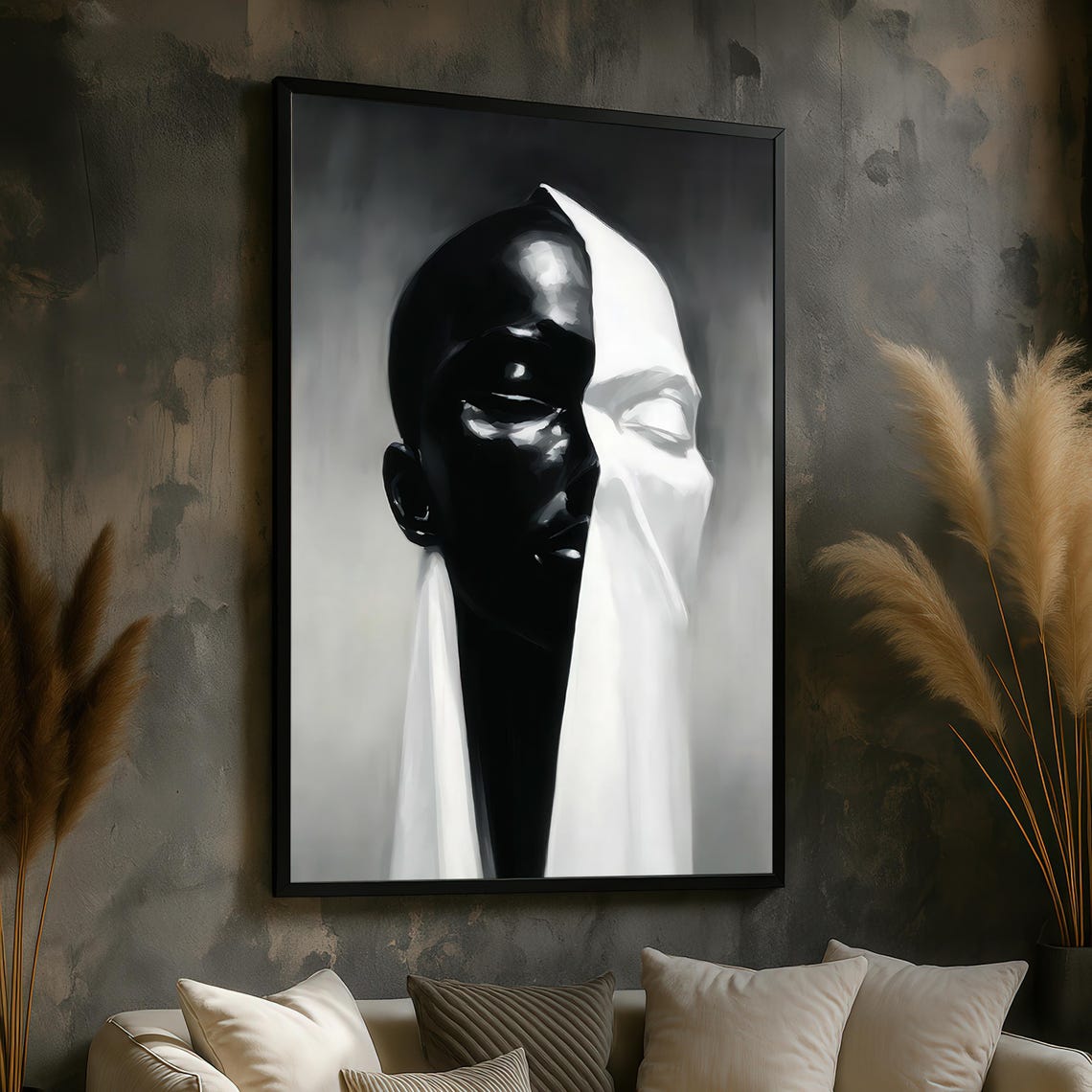 Black And White Duality Face Split Portrait Modern Abstract Poster