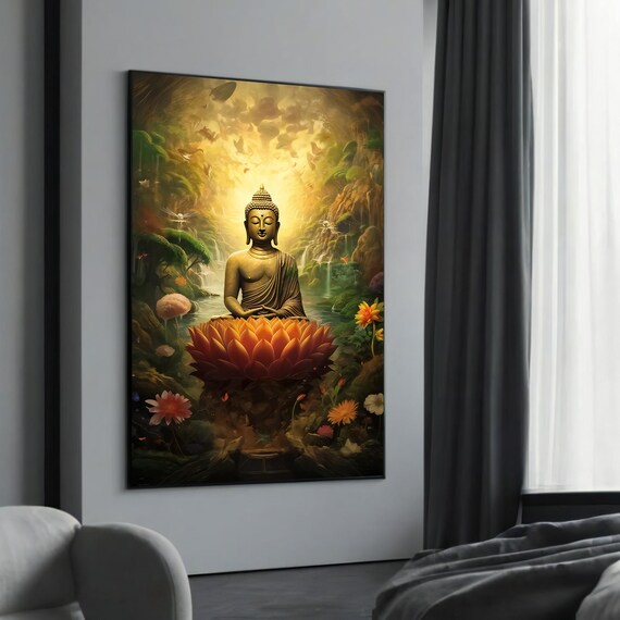 Golden Buddha Meditating on Lotus in a Glowing Forest Poster