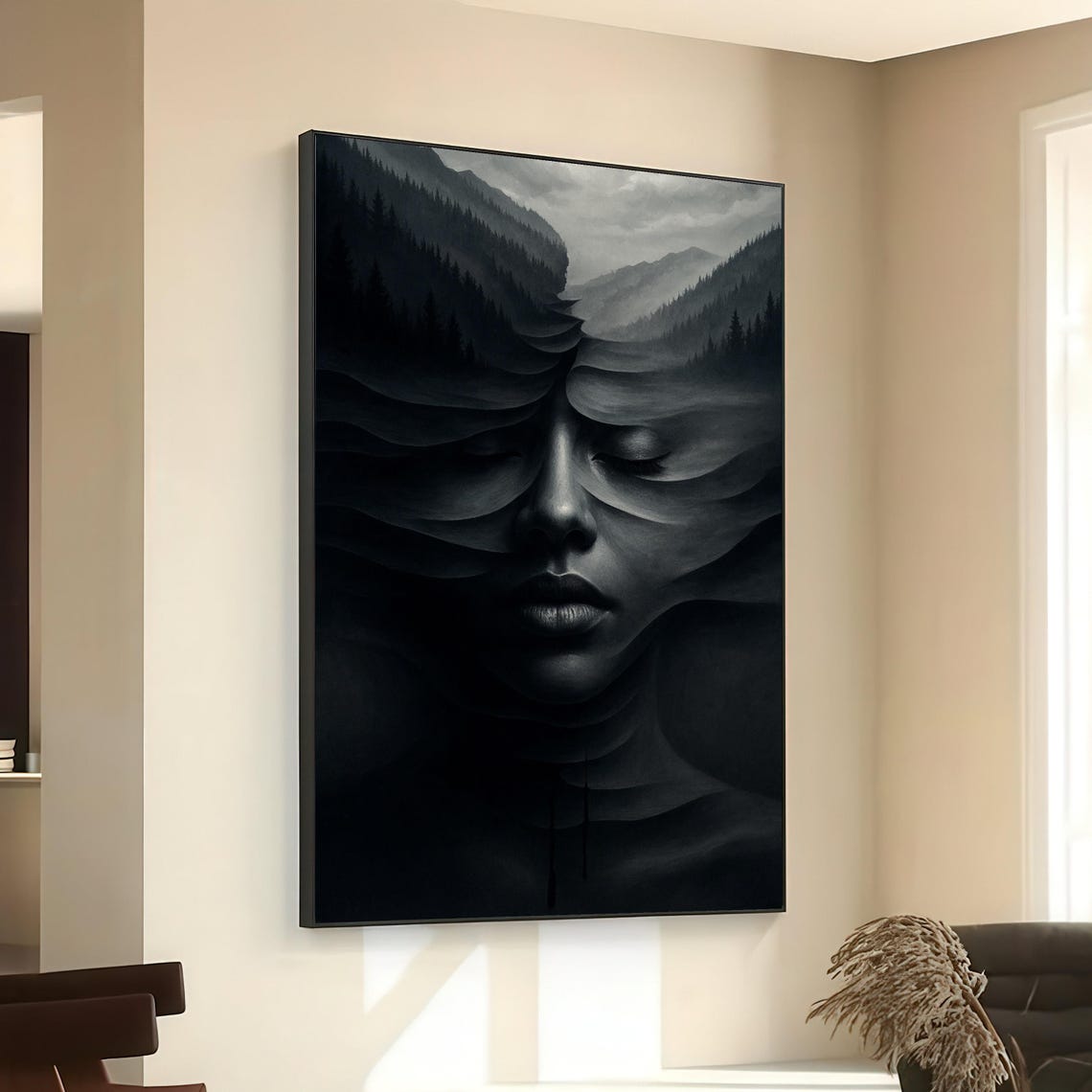 Surreal Woman Face Forest Mountain Black White Abstract Poster