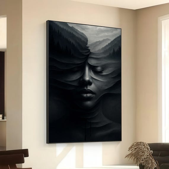 Surreal Woman Face Landscape Canvas Abstract Nature Wall Art Black And Grey Forest Scene Mystical Decor Modern Home Artwork