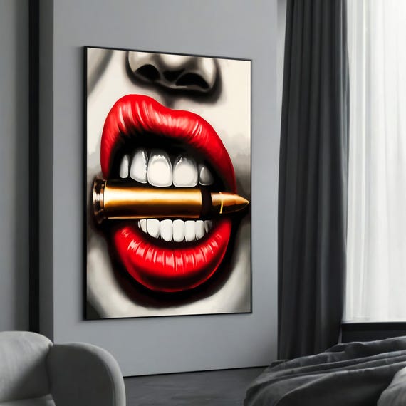 Striking Red Lips And Bullet Graffiti Canvas Painting Bold Urban Art Statement Unique Gift For Contemporary Lovers