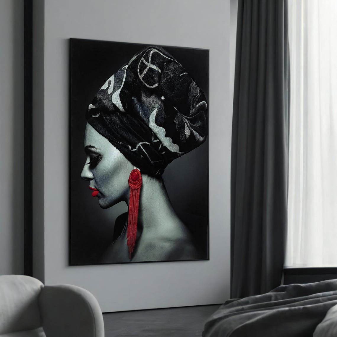 Striking Afrocentric Woman Canvas Black White Portrait With Red Accents Bold Modern Wall Art Framed And Ready To Hang