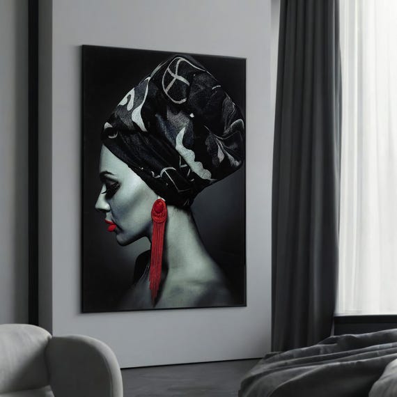 Striking Afrocentric Woman Canvas Black White Portrait With Red Accents Bold Modern Wall Art Framed And Ready To Hang