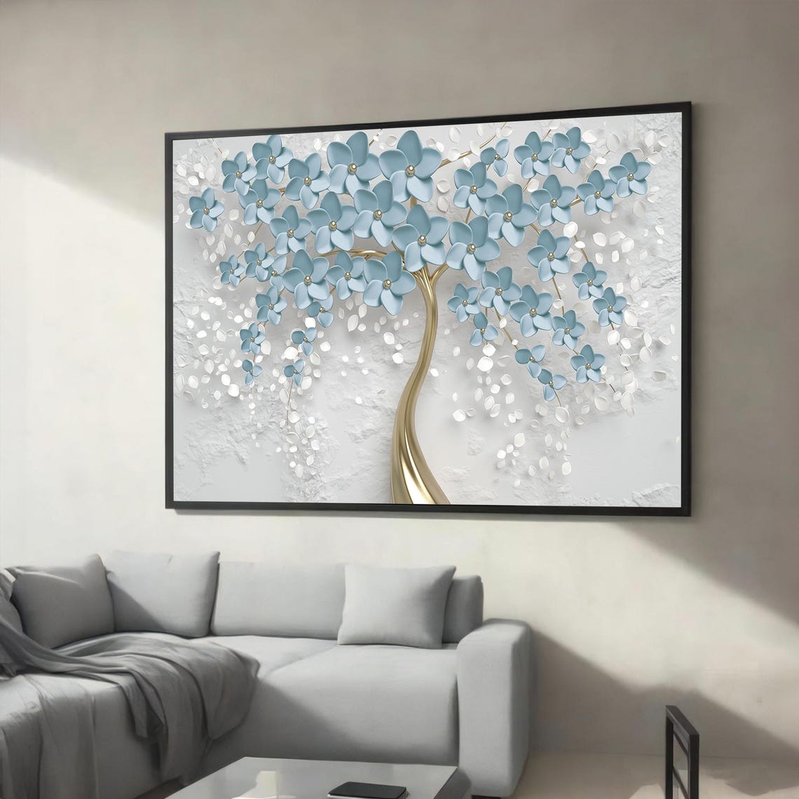 Blue Flower Tree With Golden Trunk on White Textured 3D Art Poster