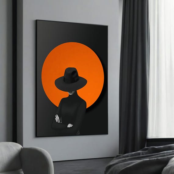 Bold Woman In Black Hat With Orange Circle Minimalist Modern Art Stylish Wall Decor Unique Abstract Canvas Painting